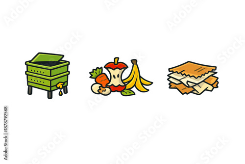 Icons for composting: worm bin, food scraps, and paper scraps