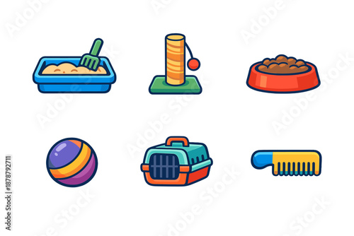Pet care items icons set