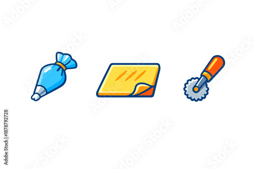 Baking tools: piping bag, dough, and pizza cutter