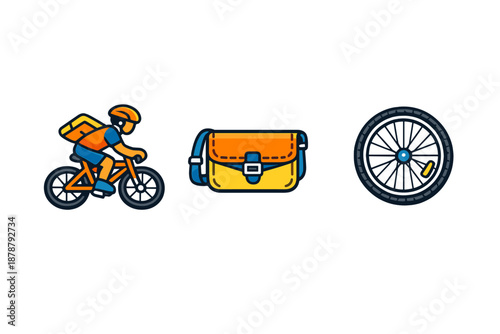 Delivery cyclist, messenger bag, and bicycle wheel icons
