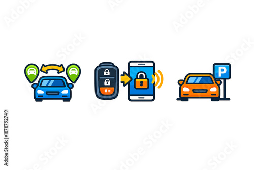 Car sharing concept: app, key, car, and parking
