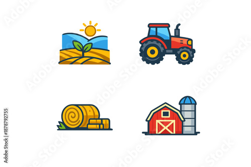Farming icons: tractor, barn, hay bale, field with sun