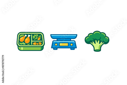 Food icons: lunchbox, scale, and broccoli with glowing effect