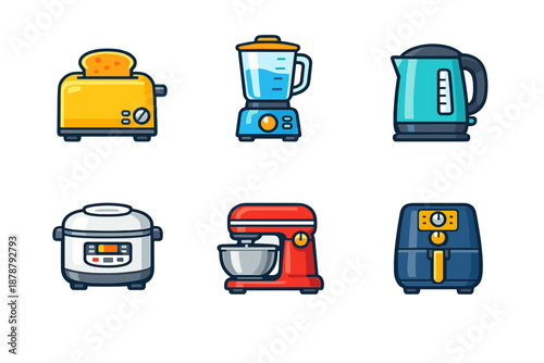 Set of modern kitchen appliance icons on a dark blurred background