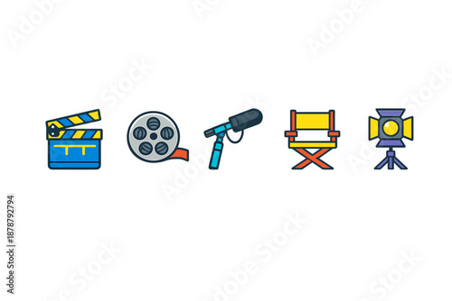 Movie making icons: clapperboard, film reel, microphone, chair