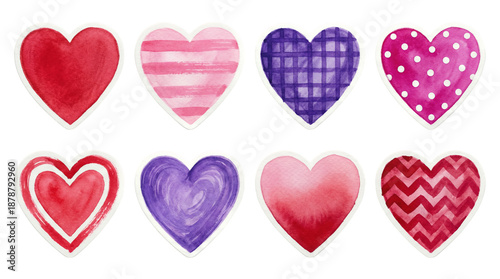 Watercolor heart sticker set including solid, striped, plaid, polka dot, and chevron patterns isolated. Valentines day and romantic decoration elements.