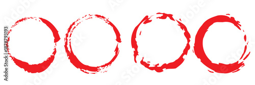 Grunge Ink Circle Frames Collection. Set of rough red ink circles with splashes and imperfections, inspired by hand-drawn brush rings, ideal for grunge design and artistic layouts.

