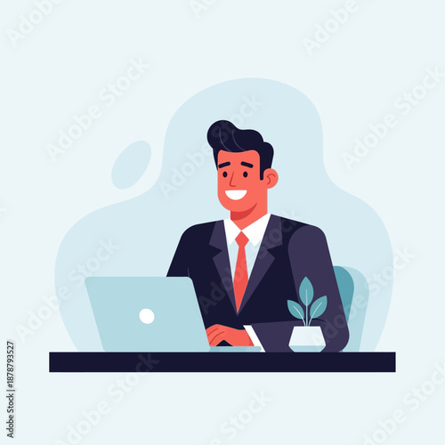 Smiling businessman in suit working on laptop computer at desk with plant in modern office illustration