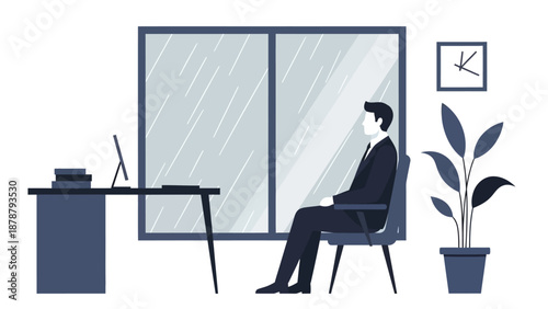 A man in a suit sits in an office chair looking out a window, contemplating his work day with a plant and desk nearby