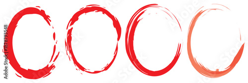 Grunge Ink Circle Frames Collection. Set of rough red ink circles with splashes and imperfections, inspired by hand-drawn brush rings, ideal for grunge design and artistic layouts.

