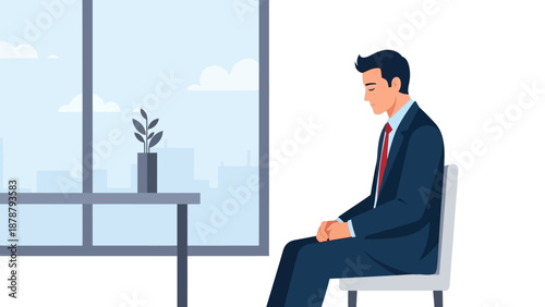 A businessman sits alone and contemplative in an office, looking down with a sense of quiet reflection while seated by a large window