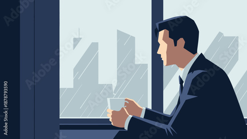 Man in a suit holding a coffee cup, looking out a window at a cityscape