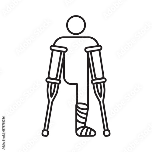 Simple outline of a person using crutches with a leg in a cast