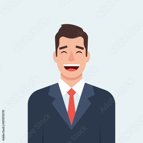 Smiling businessman in a suit with a red tie, representing success, happiness, and a professional corporate image