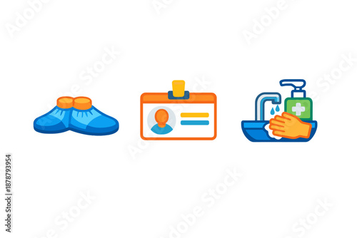 Hygiene and safety icons: shoe covers, ID badge, hand washing