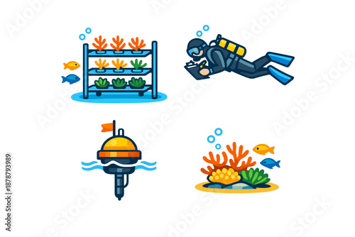 Underwater scenes with diver, coral reef and aquatic plants