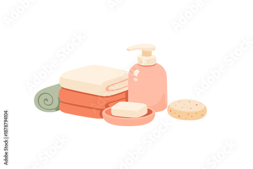 Bathroom essentials: towels, soap, and lotion with glowing effect