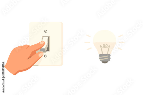 Hand flipping light switch to turn on light bulb