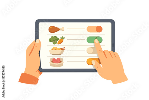 Hands using tablet to select food items from a menu