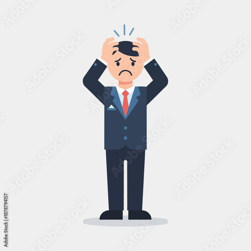 A stressed businessman in a suit clutching his head in despair, symbolizing the pressure and anxiety of the corporate world