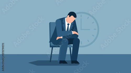 A businessman sitting with his head down in front of a clock, symbolizing stress, waiting, and business pressure