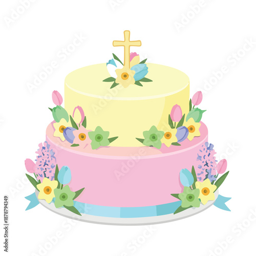 Two Tiered Pastel Spring Celebration Cake Adorned with a Golden Cross