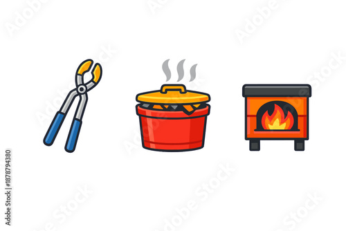Set of cartoon icons: tongs, cooking pot, and stove