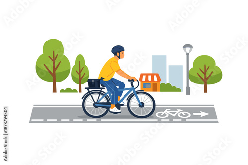 Cyclist on a bike lane in a stylized urban park setting