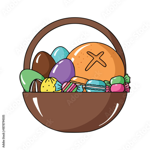 A delightful Easter basket brimming with colorful eggs and sweet treats