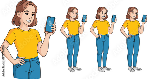 Cartoon young woman holding smartphone and presenting mobile app, vector illustration set for technology, digital marketing, mobile application promotion, user interface,