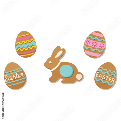 Delicious Easter themed gingerbread cookies with decorative bunny and eggs