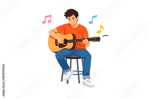 Young man playing acoustic guitar with musical notes