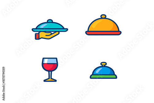 Restaurant Icons: Food Cloche, Wine Glass, and Service Bell