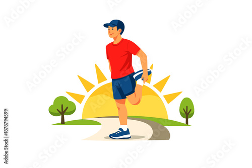 Man stretching in front of a sunrise during morning workout