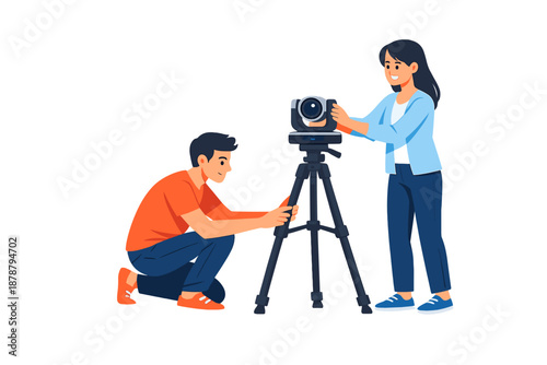 Filmmakers setting up camera on tripod for recording