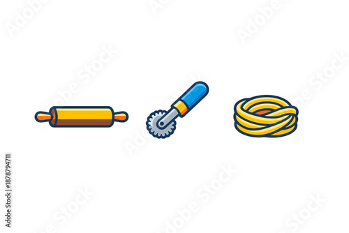 Pasta making tools and ingredients: rolling pin, cutter, spaghetti