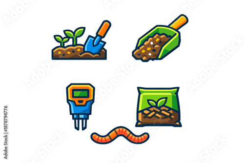 Gardening Icons Set: Plants, Tools, Soil, and Worm