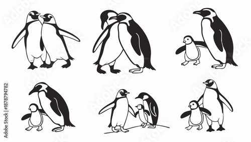 Adorable Penguin Family Group Illustrations for Wildlife Education Web Design and Greeting Card Projects