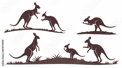 Silhouette Kangaroo Family Group Interaction Wildlife Design Element for Australia Travel Brochures Nature Websites and Educational Materials