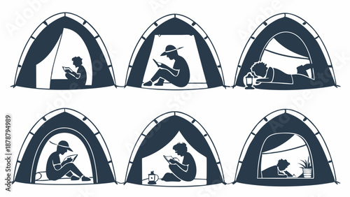 Six Silhouettes of People Reading Ebooks or Using Tablets Inside Camping Tents for Outdoor Recreation and Digital Escape