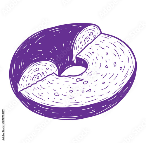 A purple bagel with a bite taken out of it on white background