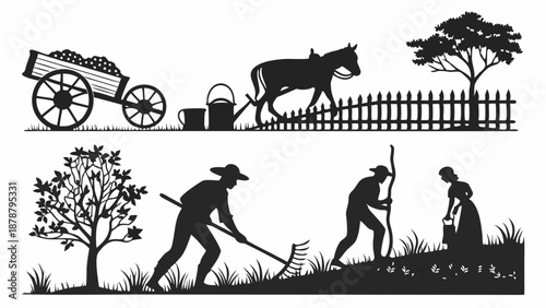 Rustic Farm Silhouette Set Historic Agriculture Harvest Work Icons for Rural Web Design Seasonal Countryside Illustration