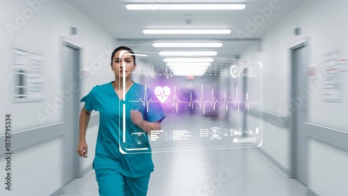 Nurse Running in Hospital Hallway | Digital Heart Monitor Scan