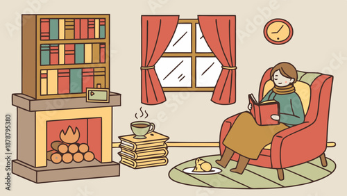 Cozy Winter Reading Scene Woman Relaxing by Fireplace with Book and Hot Drink for Seasonal Lifestyle Blog Design
