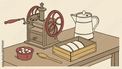 Vintage Pasta Maker Machine and Dough on Rustic Kitchen Table for Food Bloggers and Recipe Websites