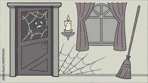 Spooky Haunted Room with Cobwebs Broken Door Candle and Broom for Halloween Holiday Design Projects