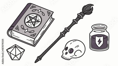 Mystical Occult Magic Items Collection Grimoire Wand Skull Potion for Fantasy Game Design Assets
