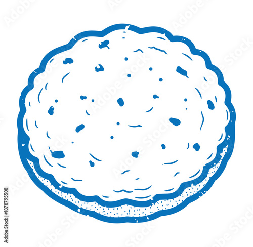 Blue and white illustration of a pie with a crusted edge and spots on top one food item