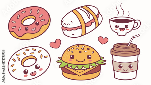 Cute Kawaii Fast Food Icons for Cafe Menu Design Happy Dessert Donut Burger Coffee Illustration