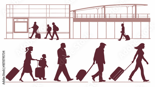 Travelers with Rolling Luggage Walking Through Airport Terminal Silhouette for Vacation or Business Trip Departure Design